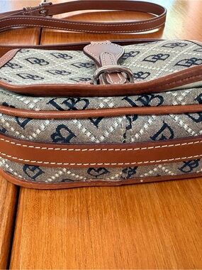 Dooney & Bourke Navy Monogram Canvas and Brown Leather Crossbody